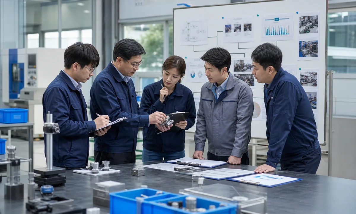 ISO 심사 부적합의 원인과 시정조치를 검토하는 제조기업 팀