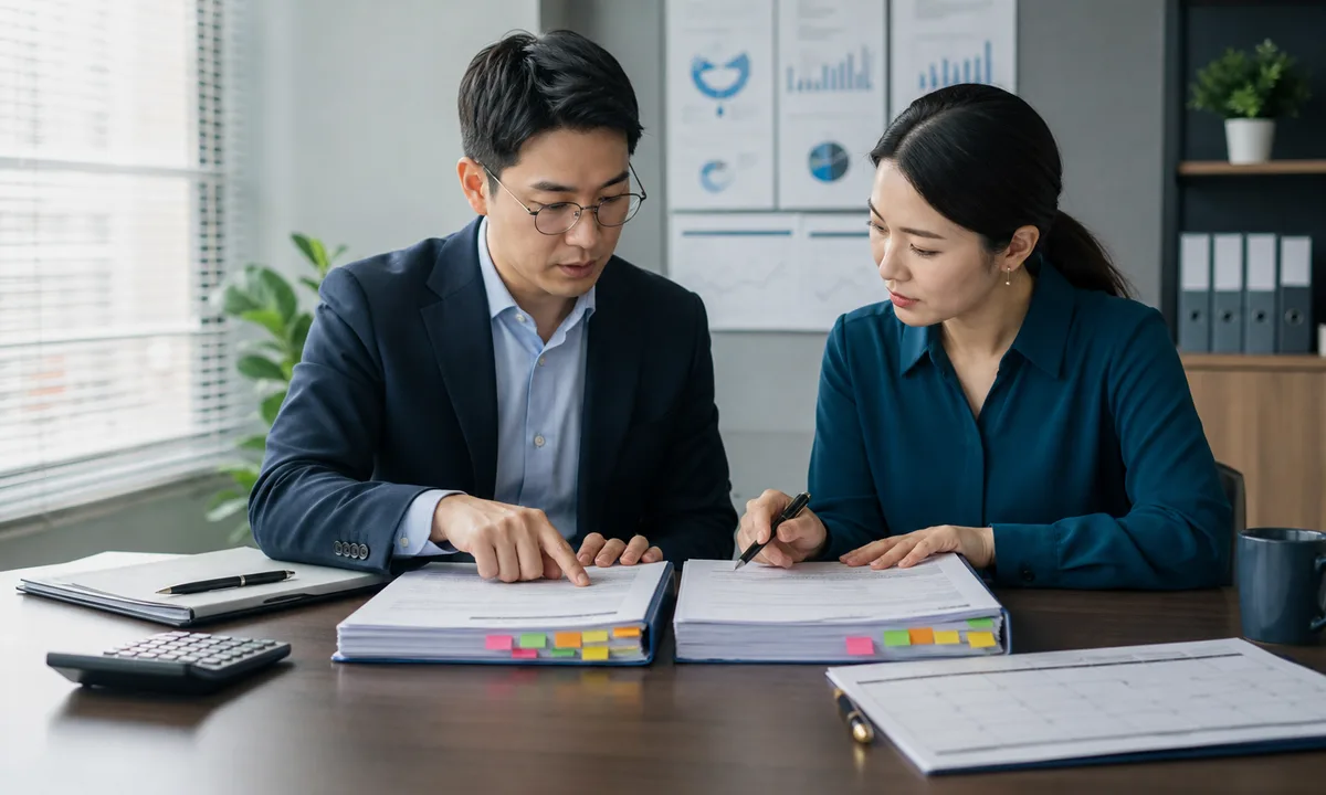 ISO 인증 비용 제안서의 포함·제외 항목을 비교하는 담당자