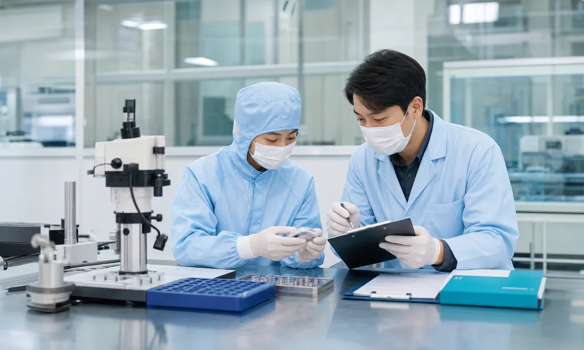 ISO 13485 준비를 위해 의료기기 부품을 검사하는 품질 담당자
