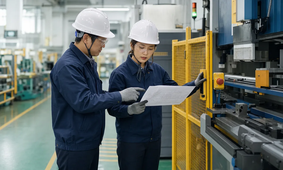 ISO 45001 위험성평가 결과와 설비 안전조치를 확인하는 작업자